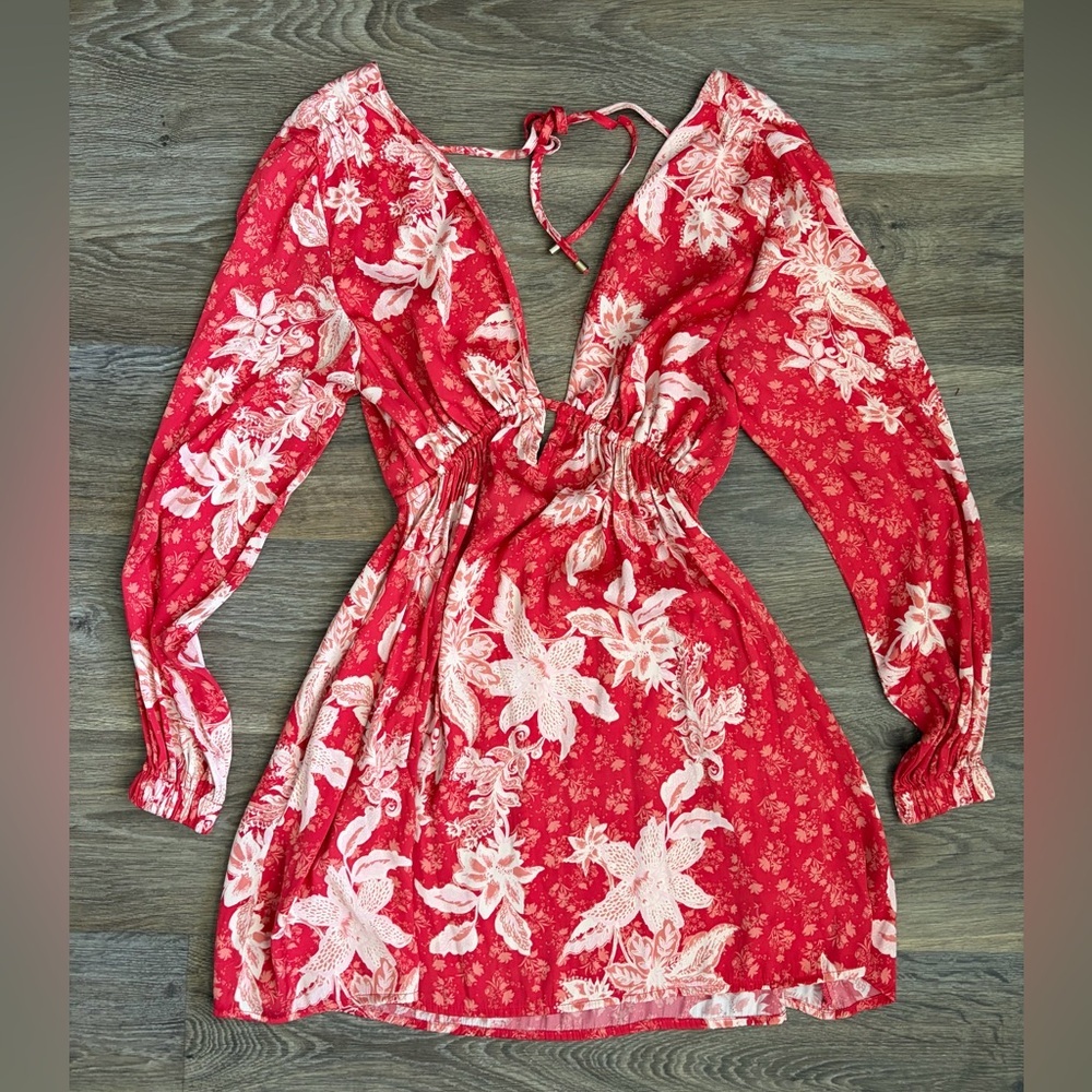 Free People Red Pink Floral Open Back Mini Dress Romantic Fairy Boho S